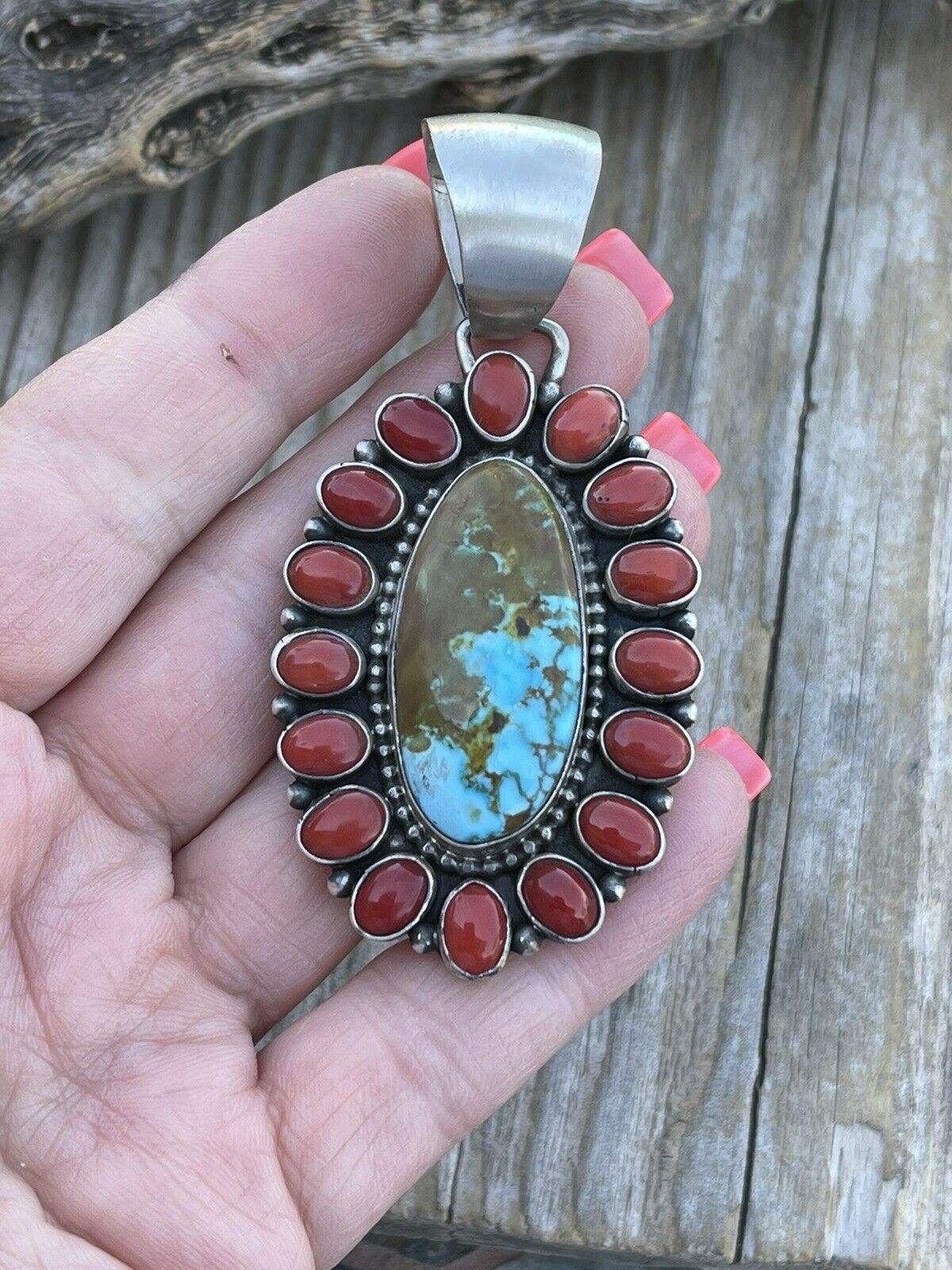 Navajo Sterling Silver Kingman Web Turquoise & Red Coral Taos Cluster Pendant