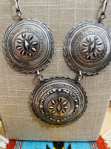 Navajo Hand Stamped Sterling Silver Necklace & Earring Set By Eugene Charley