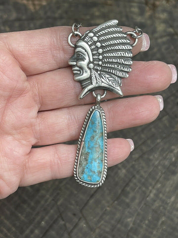 Navajo Sterling Silver Indian Chief Royston Turquoise Drop Necklace