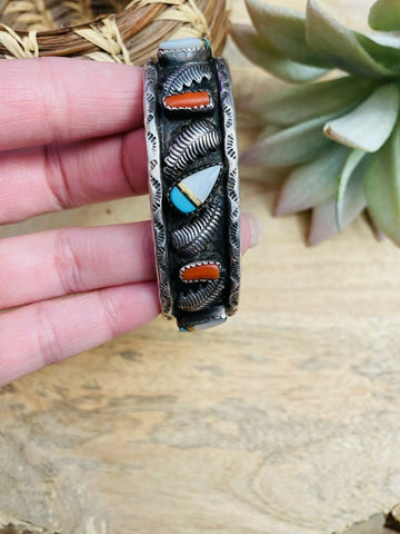 Vintage Navajo Multi Stone & Sterling Silver Cuff Bracelet