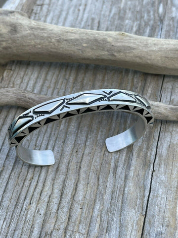 Leander Tahe Hand Stamped Sterling Navajo Bracelet Signed