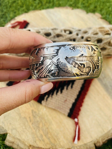 Vintage Navajo Sterling Silver Story Teller Cuff Bracelet