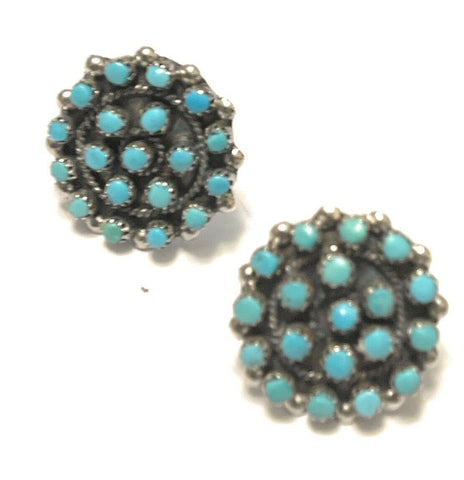 Zuni Sterling Silver & Turquoise Cluster Stud Earrings Signed LW