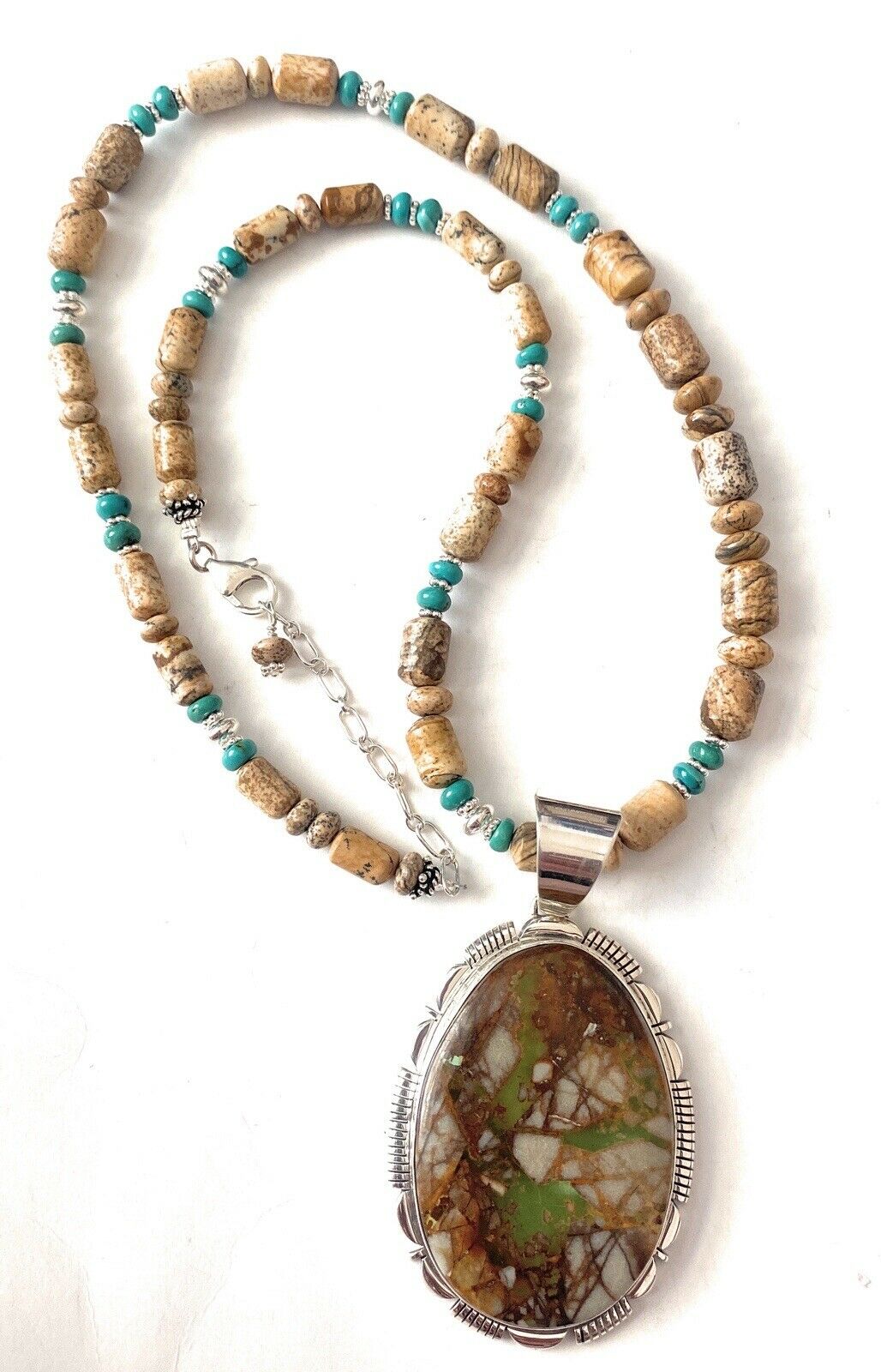 Navajo Jasper, Turquoise And Sterling Silver Beaded Necklace & Pendant Signed