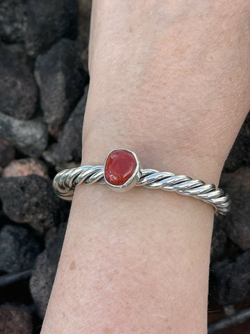 Sterling Silver Rope Twist Natural Red Coral Cuff Bracelet