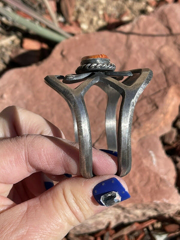 Navajo Orange Spiny & Sterling Silver Cuff Bracelet By Chimney Butte Signed