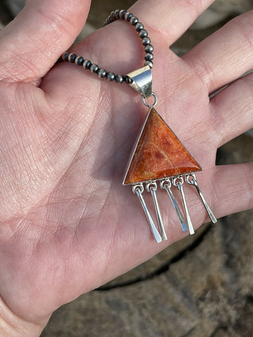 Navajo Sterling Silver Orange Spiny TrIangle Fringe Pendant Signed