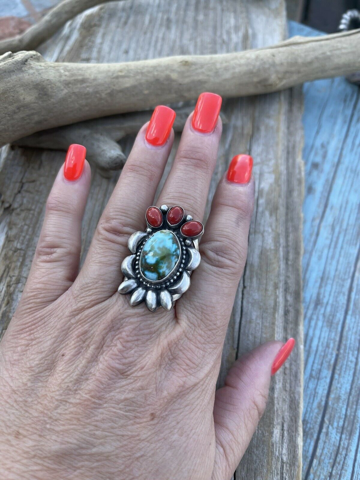 Navajo Sterling Kingman Web Turquoise & Red Coral Taos Collection Ring Sz 8.5