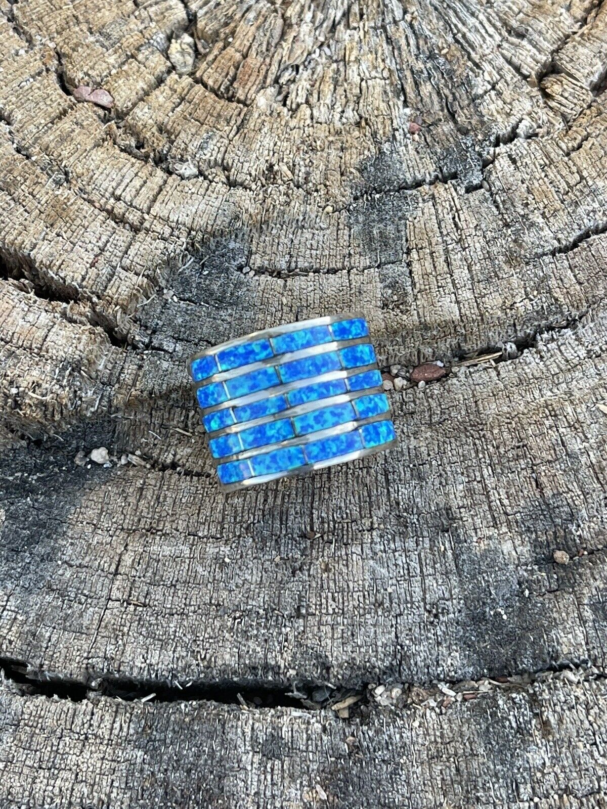 Zuni Sterling Silver Blue Opal 5 Row Inlay Ring