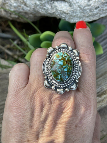 Navajo Sonoran Mountain Turquoise & Sterling Silver Statement Ring Sizes 7.5