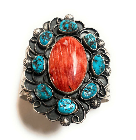 Navajo Turquoise, Orange Spiny & Sterling Silver Cuff Bracelet Signed