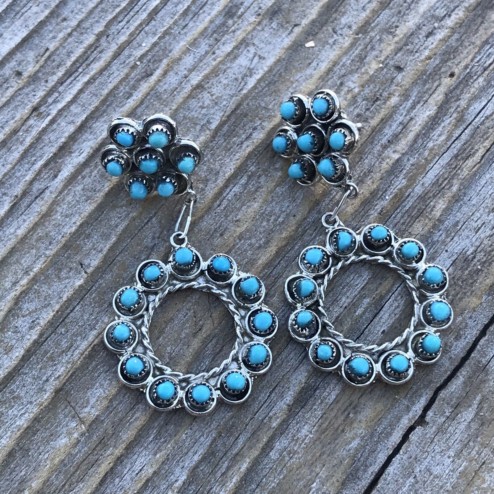 Navajo Turquoise Silver Petit Point Dangle Earrings