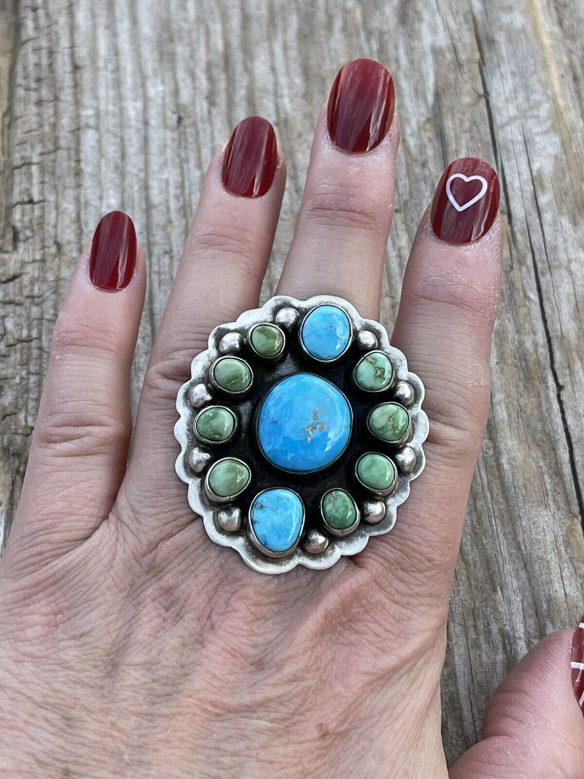 Navajo Sterling Sonoran Gold And Golden Hills Turquoise Cluster Ring Size 8.5