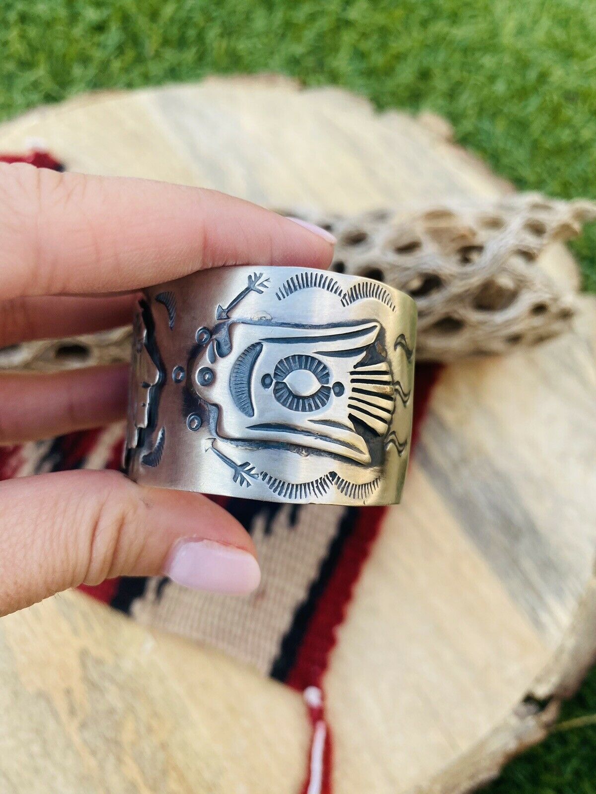 Navajo Sterling Silver Hand Stamped Native American Chief Cuff Bracelet