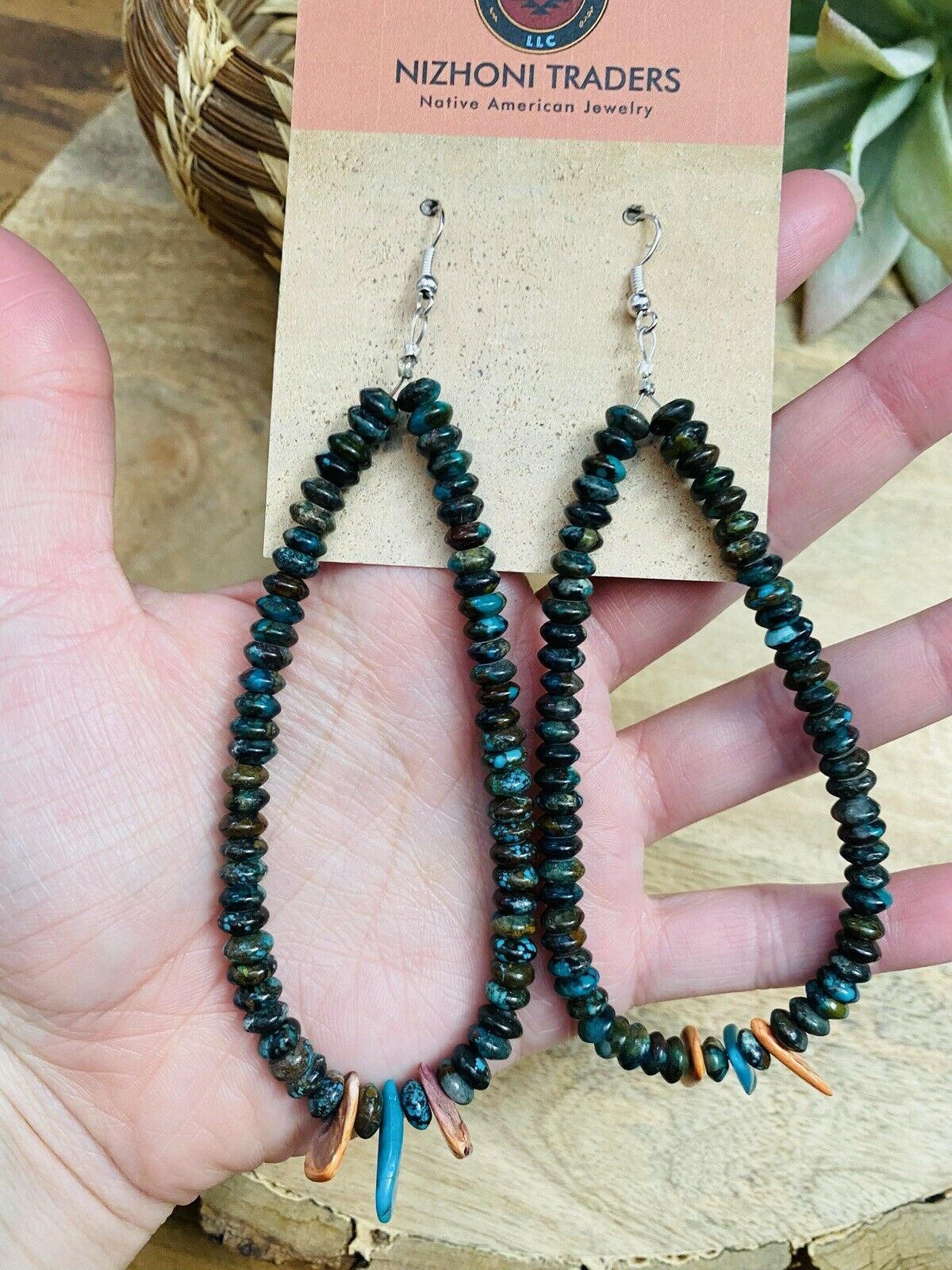 Navajo Turquoise & Spiny Oyster Beaded Dangle Hoop Earrings