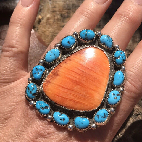 Navajo Cluster Turquoise Spiny Oyster Sterling Silver Ring Sz  8