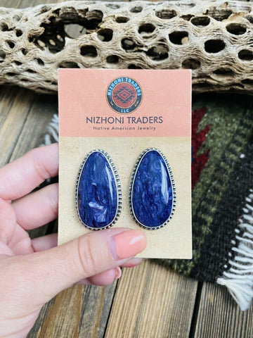 Navajo Charoite And Sterling Silver Post Earrings Signed