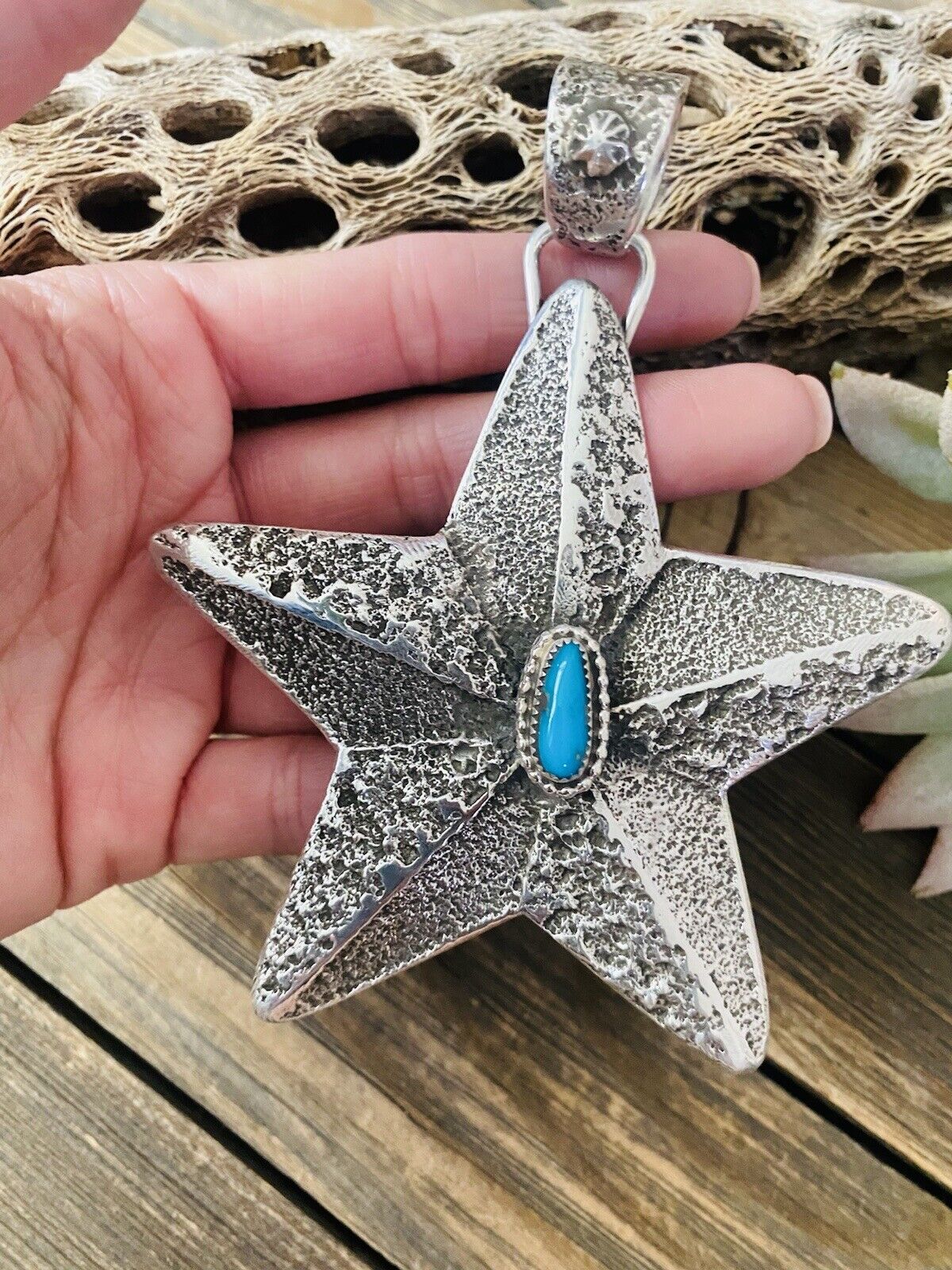 Navajo Turquoise & Sterling Silver Tufa Cast Star Pendant