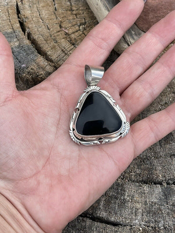 Navajo Sterling Silver Black Onyx Elegant Triangle Pendant Signed