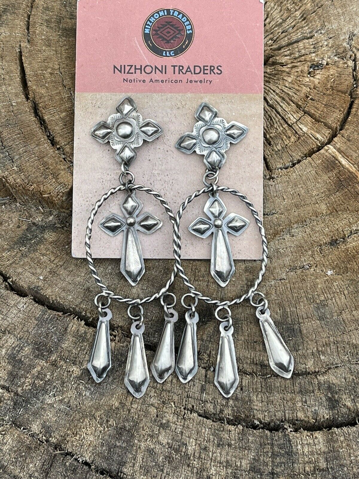 Navajo Sterling Silver Hand Stamped Cross Dangle Post Earrings Stamped Sterling