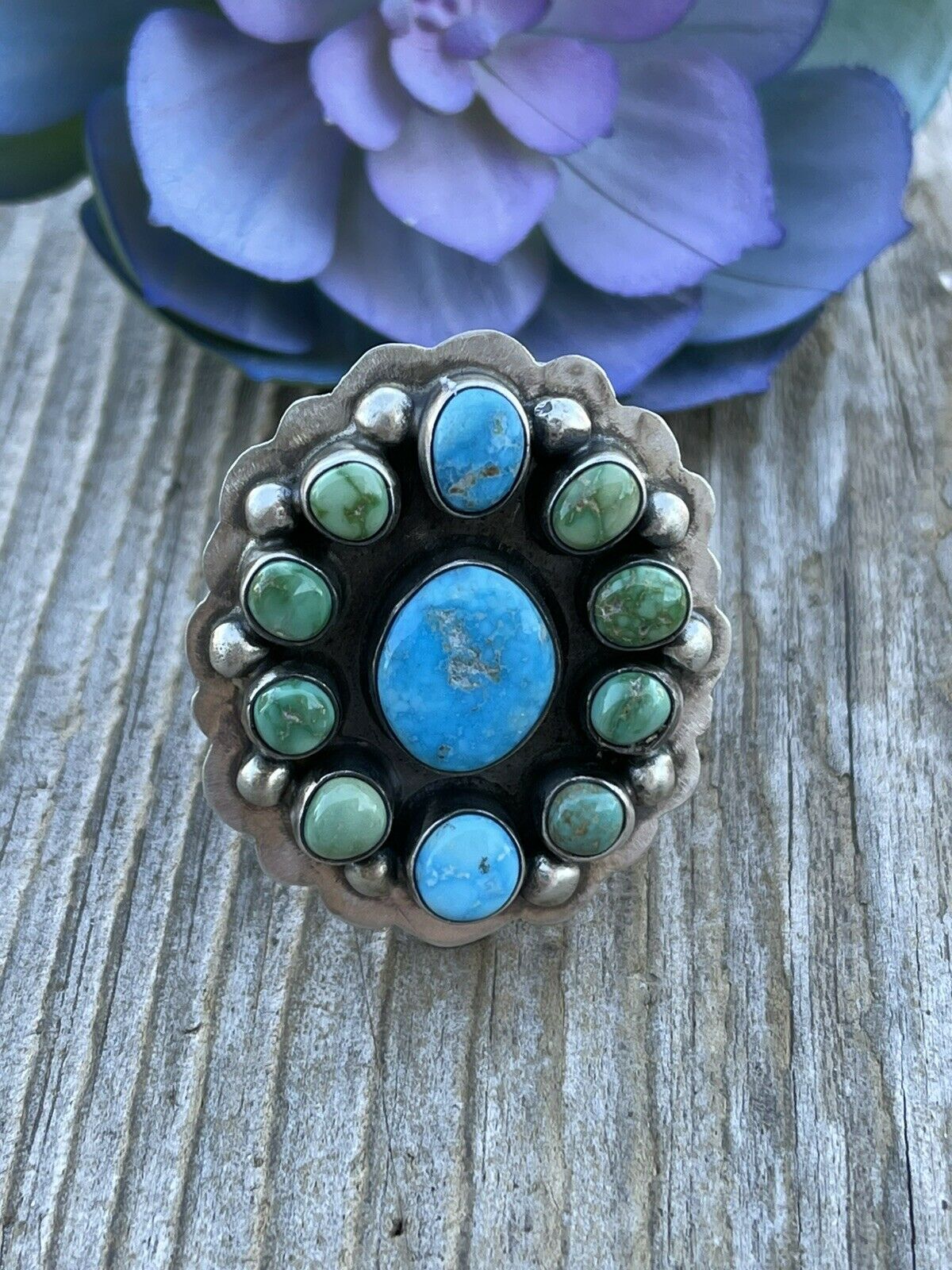 Navajo Sterling Sonoran Gold And Golden Hills Turquoise Cluster Ring Size 8.5