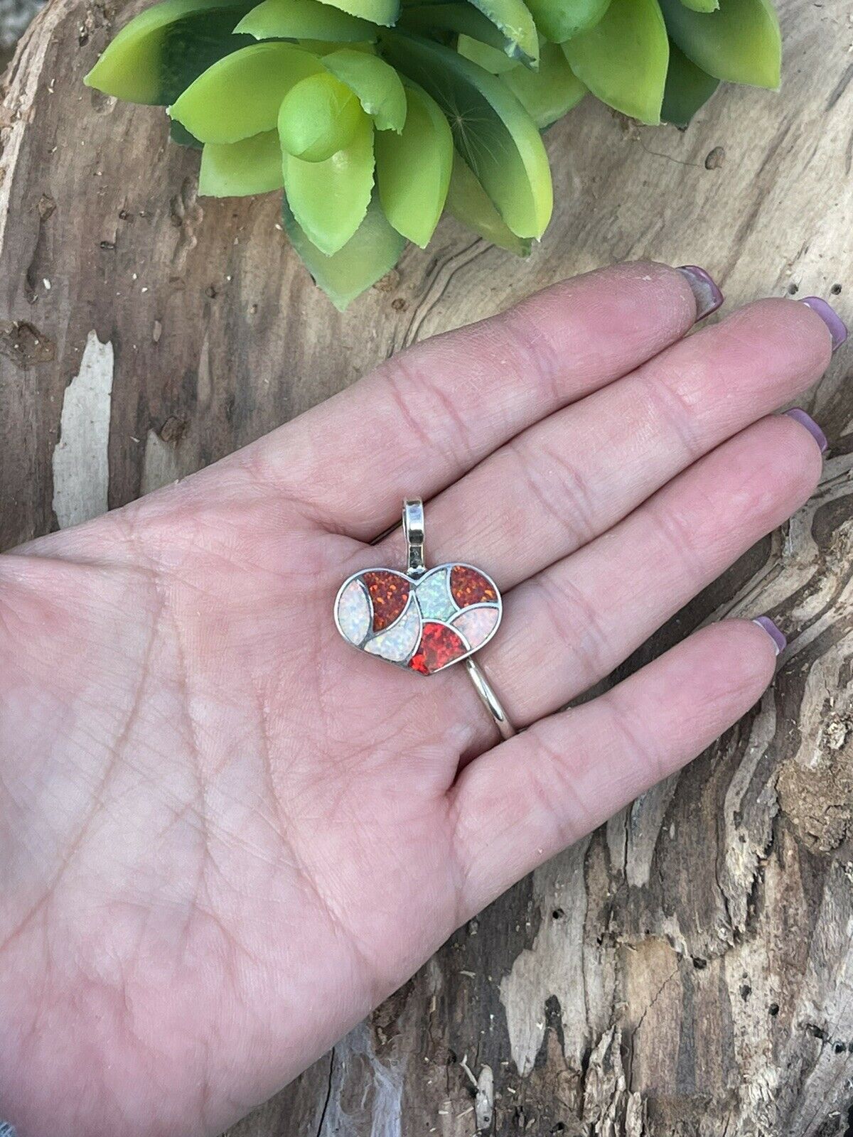 Zuni Iridescent Red Candy Cane Opal & Sterling Silver Heart Pendant