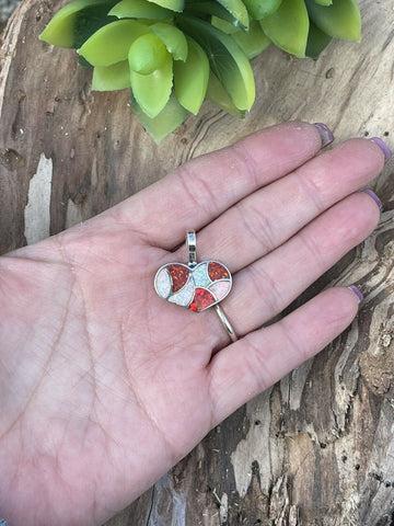 Zuni Iridescent Red Candy Cane Opal & Sterling Silver Heart Pendant