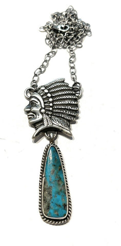 Navajo Sterling Silver Indian Chief Royston Turquoise Drop Necklace