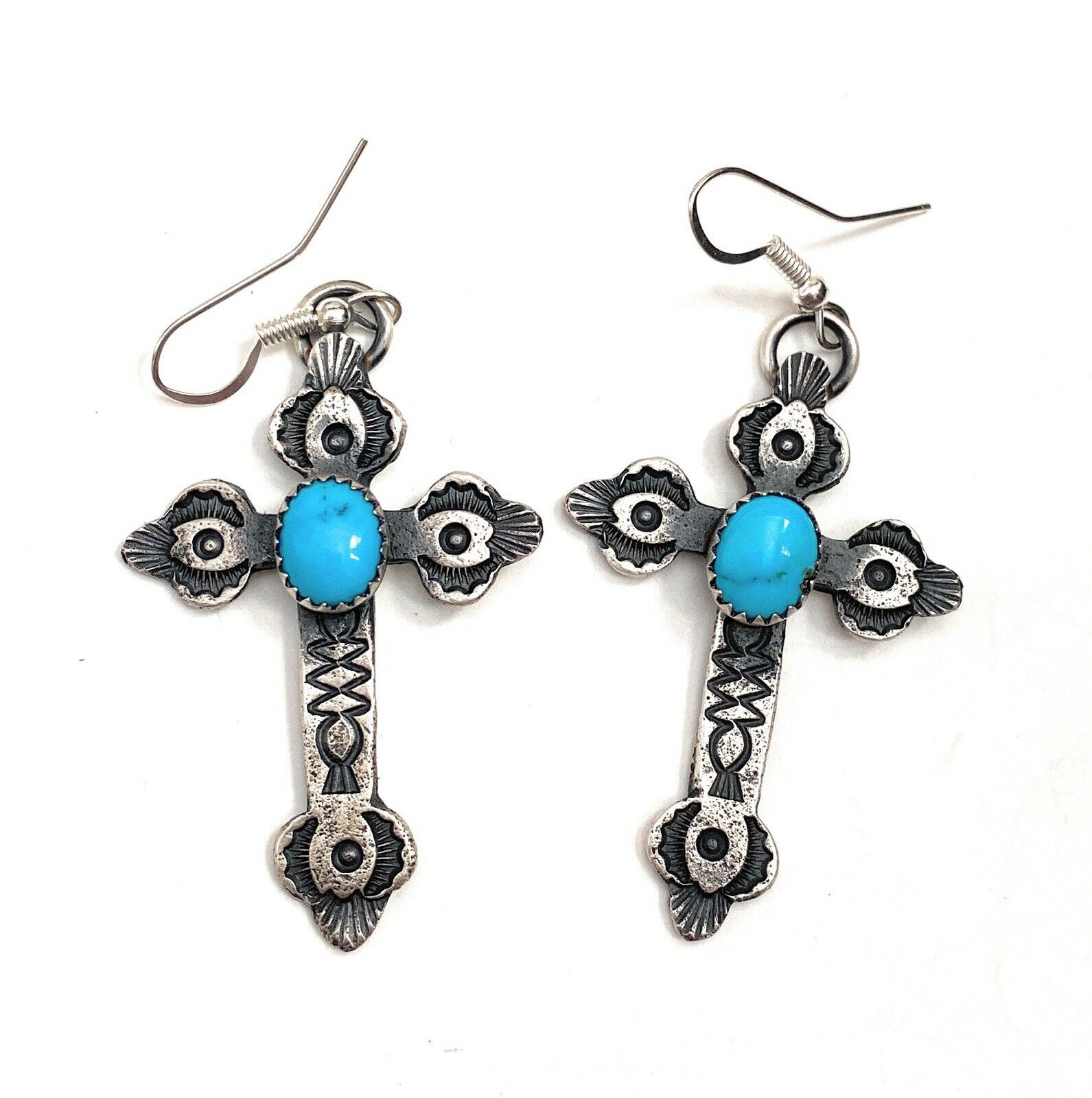 Navajo Turquoise & Sterling Silver Cross Dangle Earrings By Kevin Billah