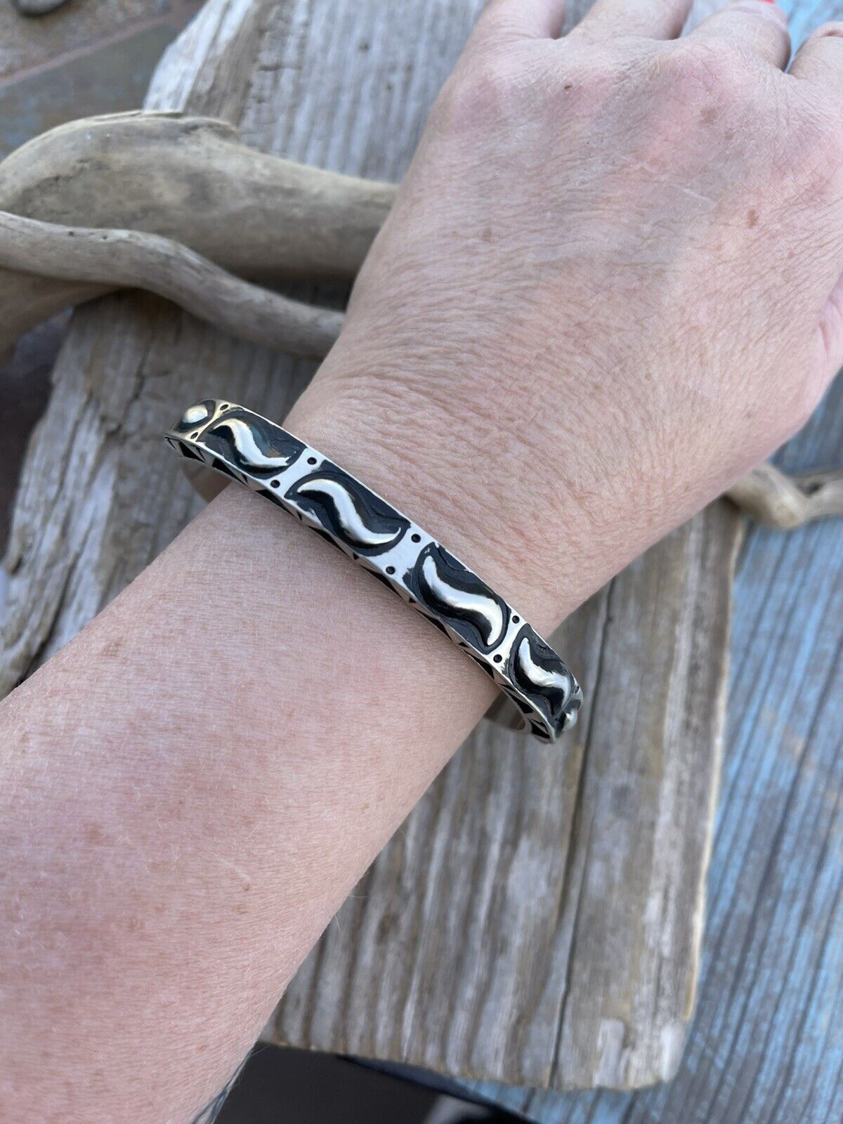 Leander Tahe Hand Stamped Sterling Navajo Bracelet Signed