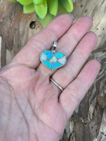 Zuni Iridescent Blue / White  Opal & Sterling Silver Heart Pendant