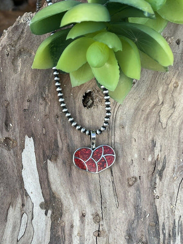 Zuni Iridescent Red Opal & Sterling Silver Heart Pendant