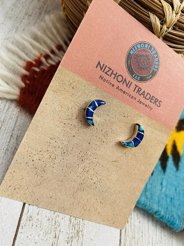 Zuni Sterling Silver And Azurite Inlay Moon Stud Earrings