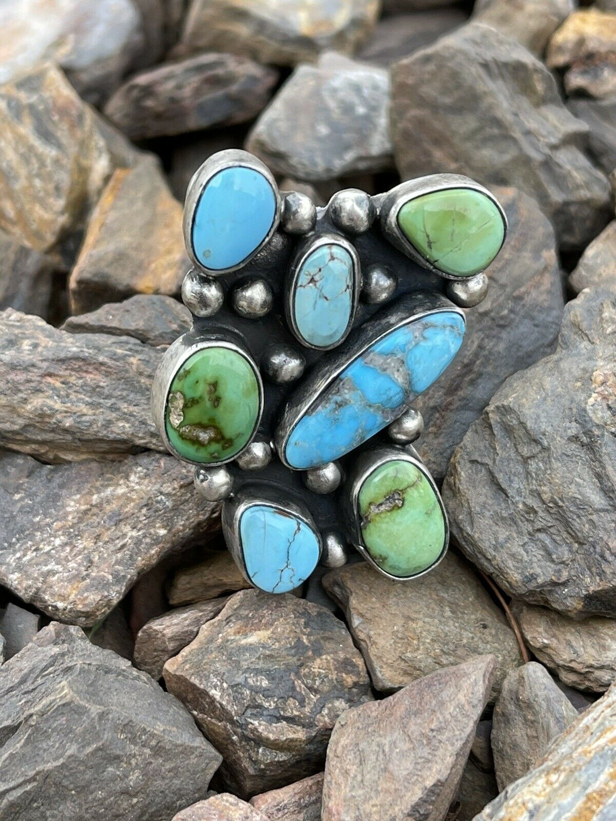 Navajo Sterling Sonoran Gold And Golden Hills Turquoise Cluster Ring Size 6.5