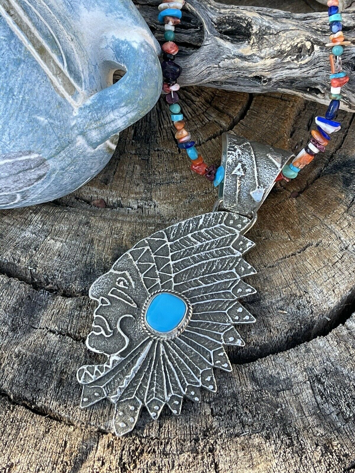 Navajo Sterling Silver & Kingman Turquoise Indian Chief Sand Cast Pendant Sign