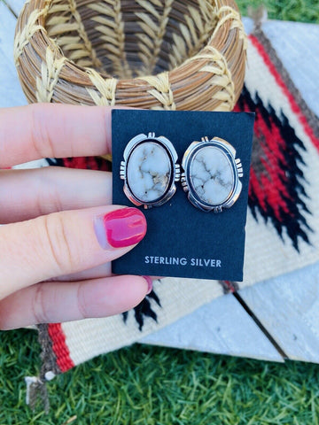 Navajo White Buffalo And Sterling Silver Post Earrings Signed