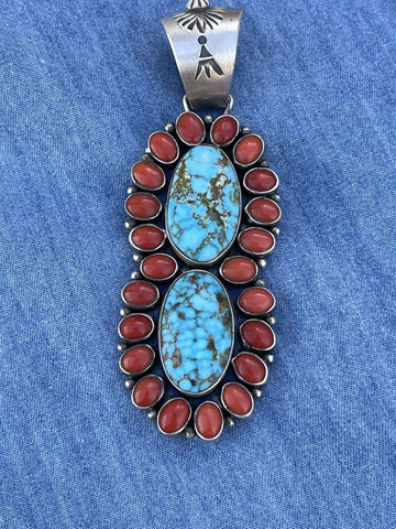 Navajo Sterling 2 Stone Kingman Web Turquoise & Red Coral Taos Pendant