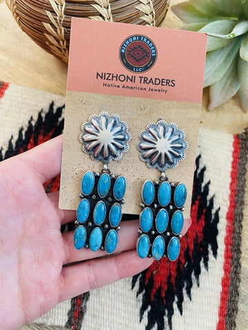 Navajo Turquoise & Sterling Silver Cluster Dangle Earrings Signed