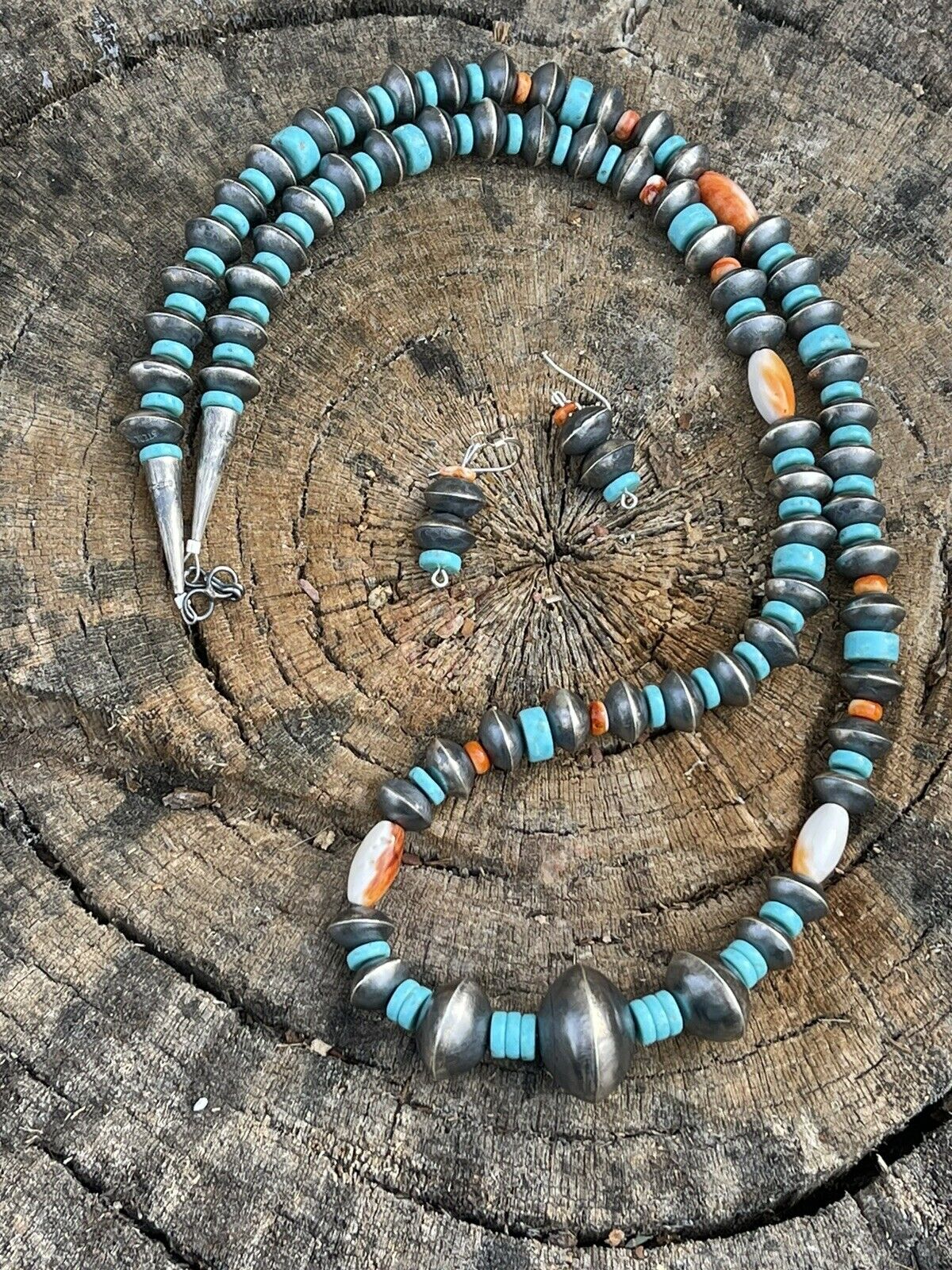 Navajo Sterling Silver Handmade Turquoise and Spiny Beaded Necklace Set