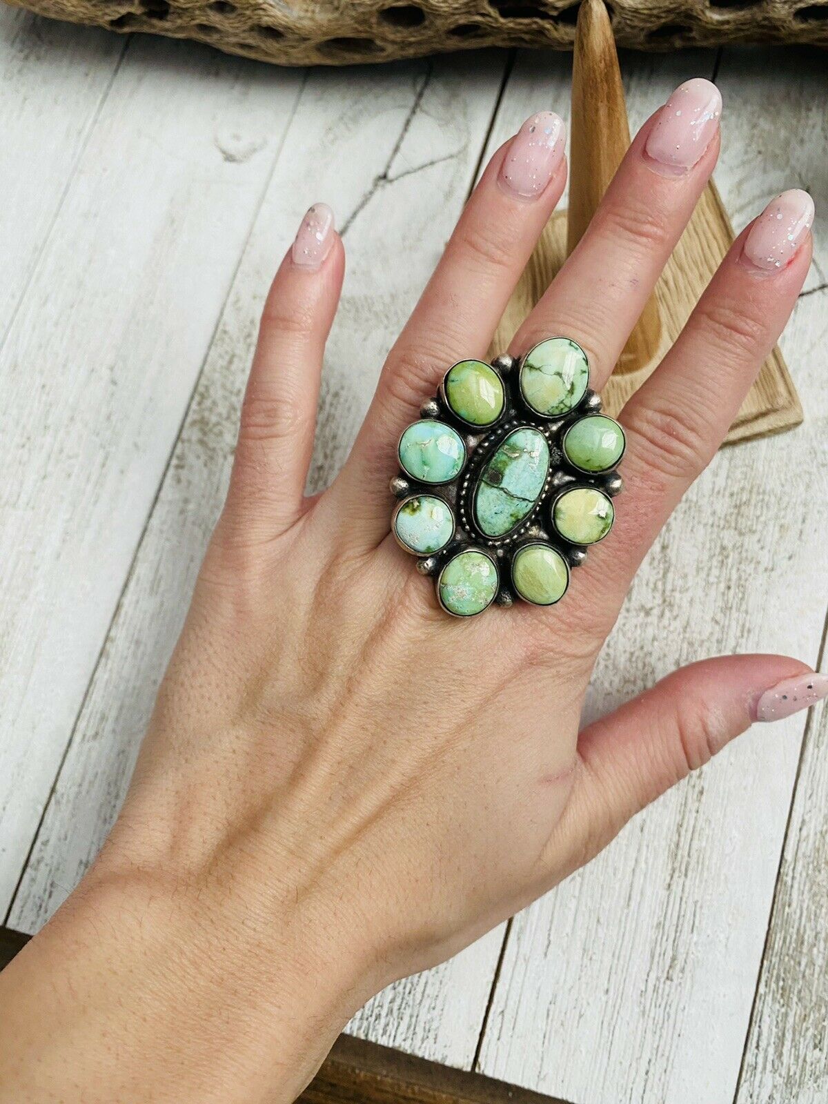 Navajo Sonoran Gold Turquoise & Sterling Silver Cluster Ring Size 7 Signed