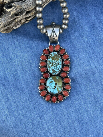 Navajo Sterling 2 Stone Kingman Web Turquoise & Red Coral Taos Pendant