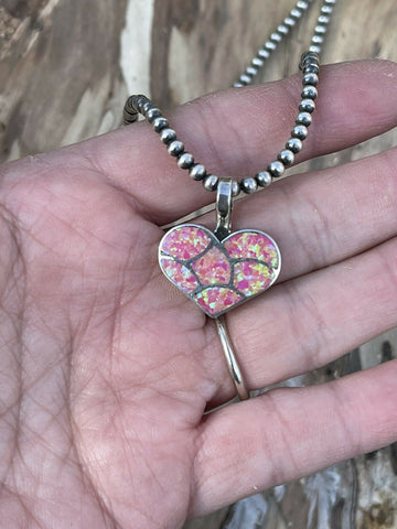 Zuni Iridescent Pink Opal & Sterling Silver Heart Pendant