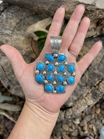 Navajo Mountain Blue Turquoise & Sterling Silver Southwest Cross Pendant Signed