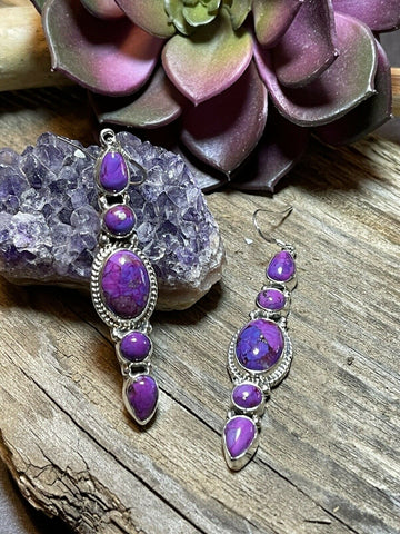 Navajo Sterling Silver Purple Mojave Dangle Fancy Earrings Signed