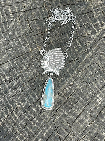 Navajo Sterling Silver Indian Chief Royston Turquoise Drop Necklace