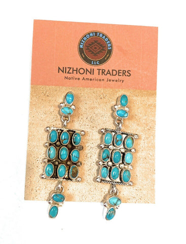 Navajo Turquoise & Sterling Silver Cluster Dangle Earrings Signed