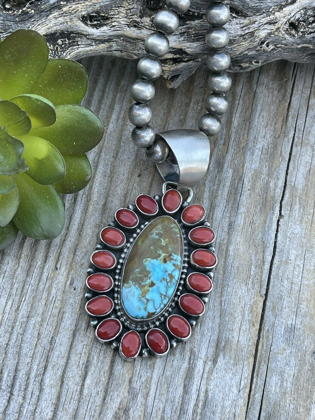 Navajo Sterling Silver Kingman Web Turquoise & Red Coral Taos Cluster Pendant