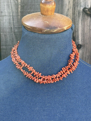 Navajo Sterling Silver Natural Coral Strand Bead 30 Inch Necklace