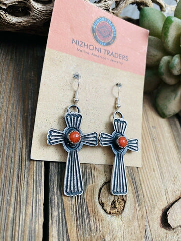 Navajo Coral & Sterling Silver Cross Dangle Earrings By Kevin Billah