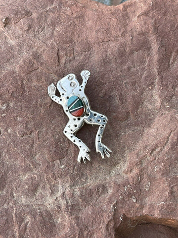 Navajo Sterling Silver Multi Stone Leap Frog Pendant Pin Signed